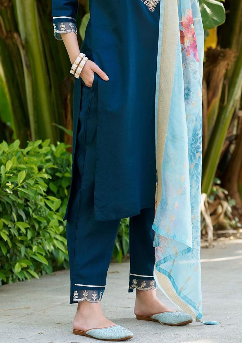 Blue Floral Embroidered Poly Blend Kurta Set