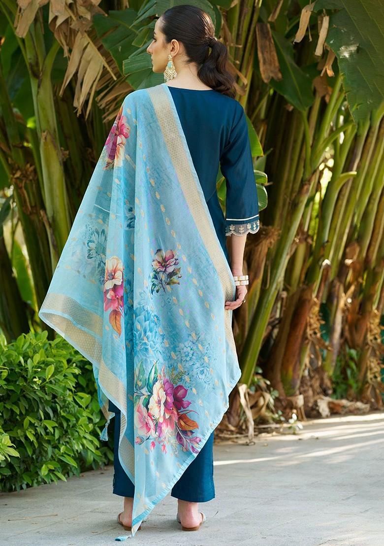 Blue Floral Embroidered Poly Blend Kurta Set