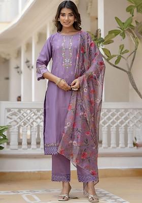 Lavender Printed Poly Blend Kurta Set