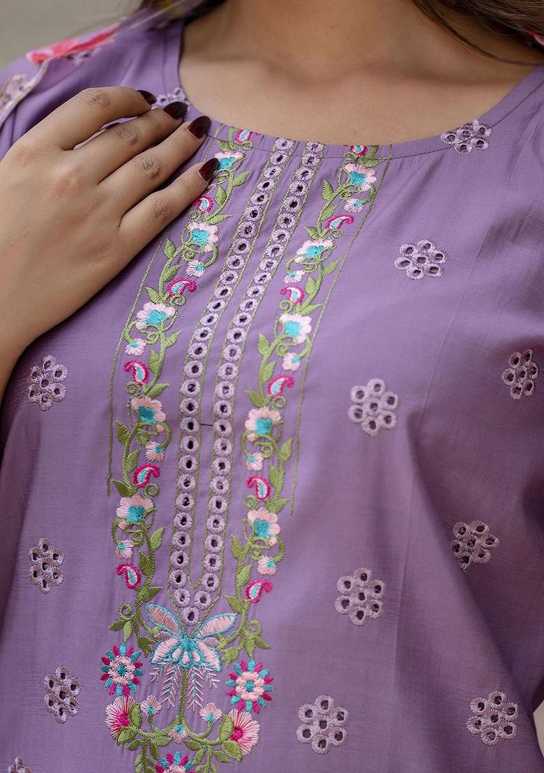 Lavender Printed Poly Blend Kurta Set