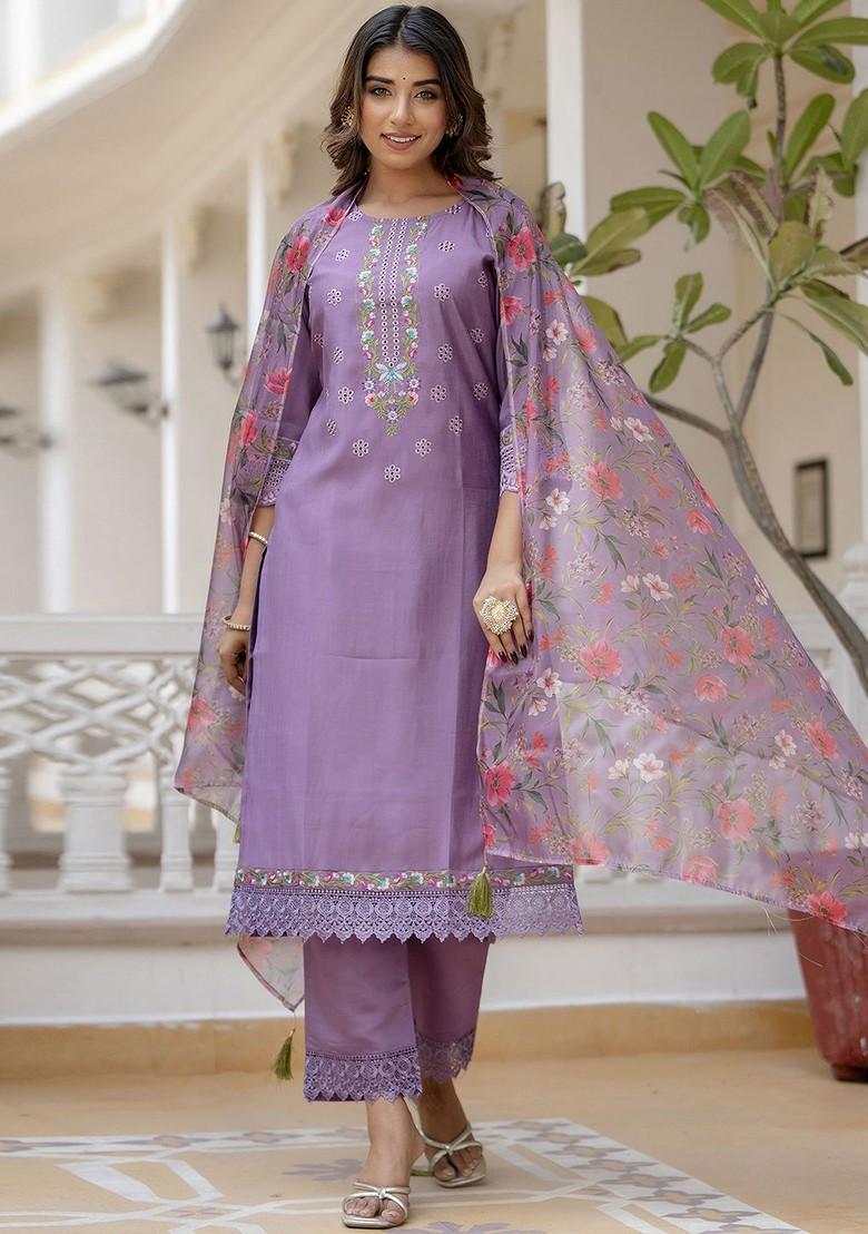 Lavender Printed Poly Blend Kurta Set