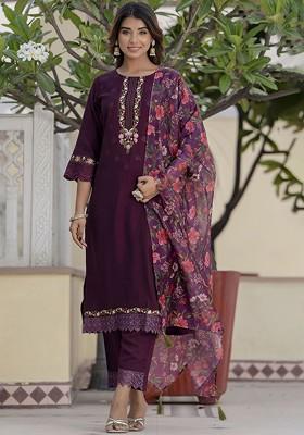 Purple Floral Embroidered Poly Blend Kurta Set