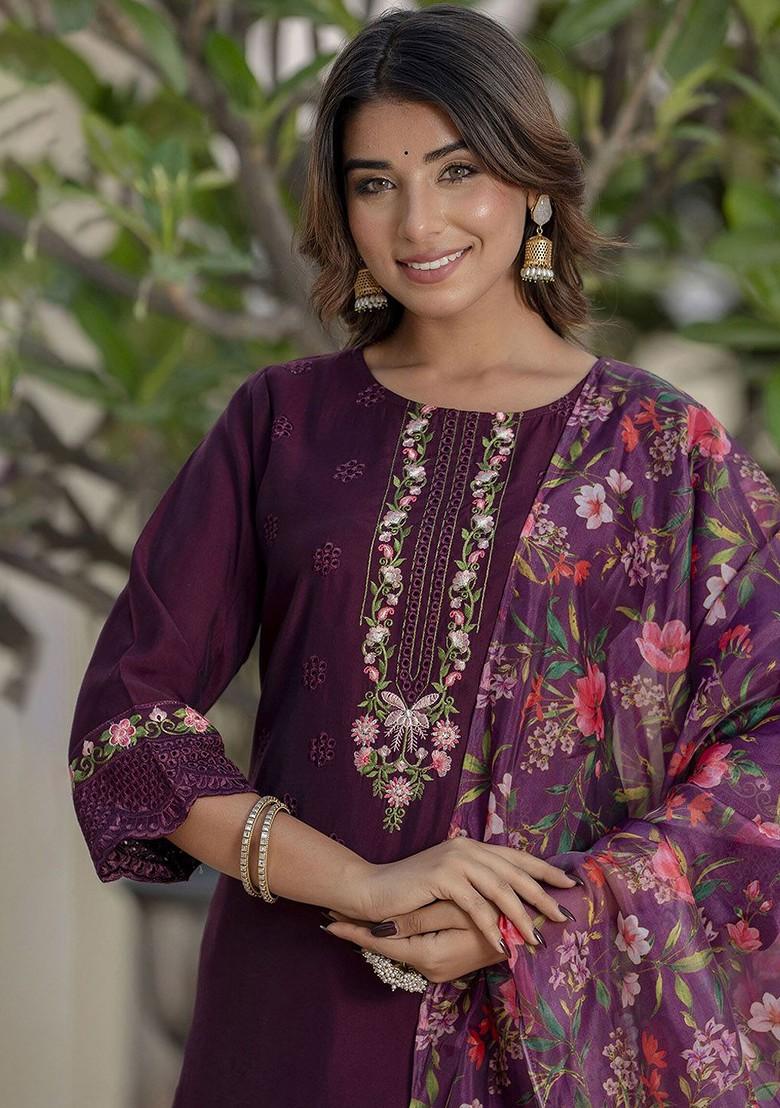 Purple Floral Embroidered Poly Blend Kurta Set