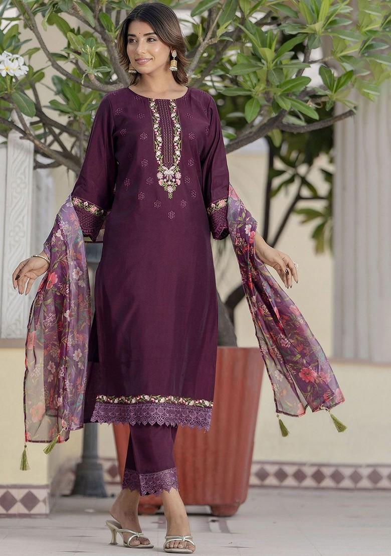 Purple Floral Embroidered Poly Blend Kurta Set