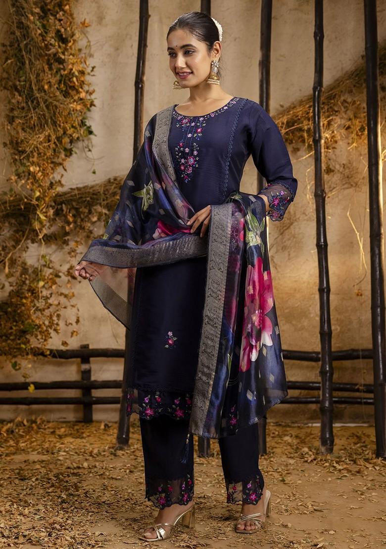Blue Floral Embroidered Poly Blend Kurta Set