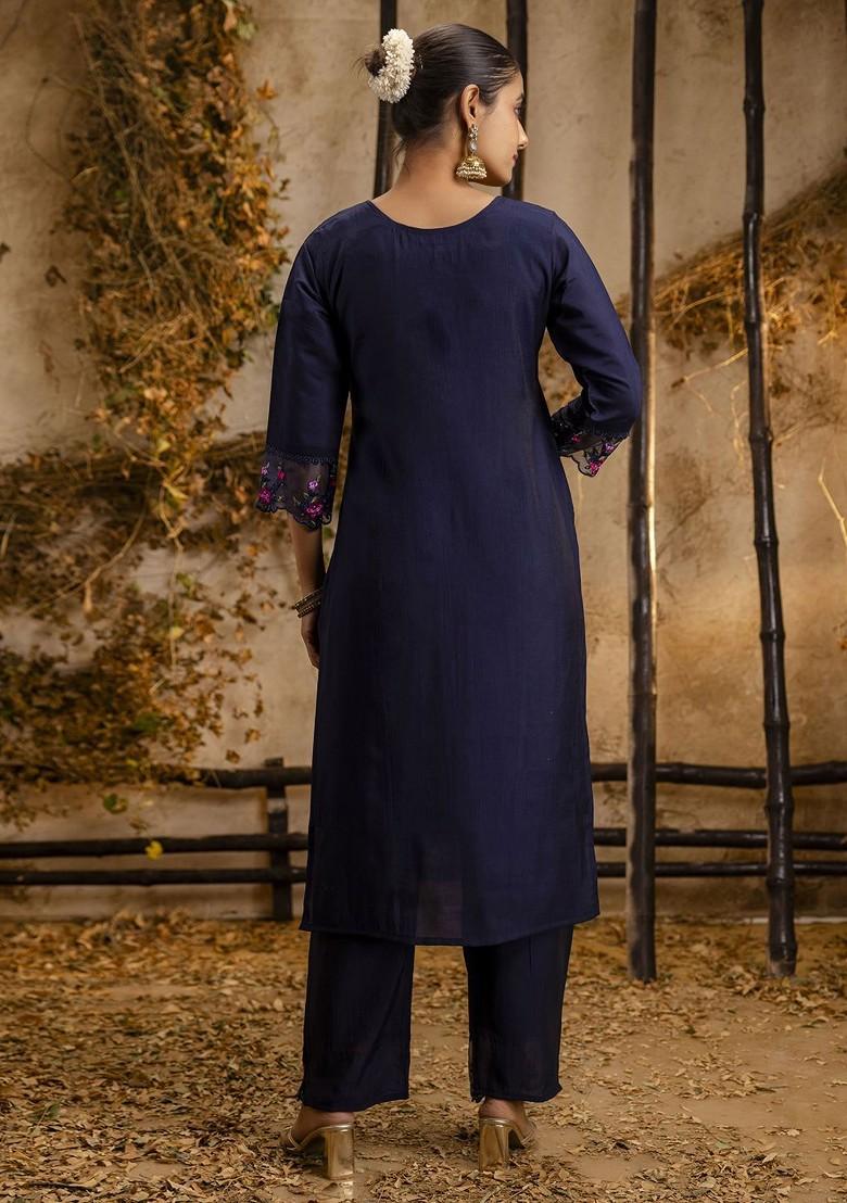 Blue Floral Embroidered Poly Blend Kurta Set
