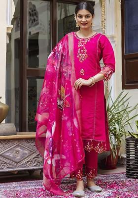 Pink Floral Embroidered Poly Blend Kurta Set