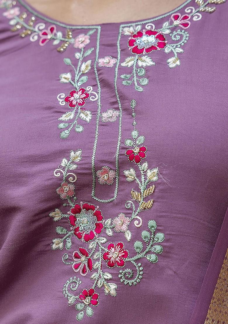 Purple Floral Embroidered Poly Blend Kurta Set