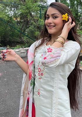 White Floral Embroidered Poly Blend Kurta Set