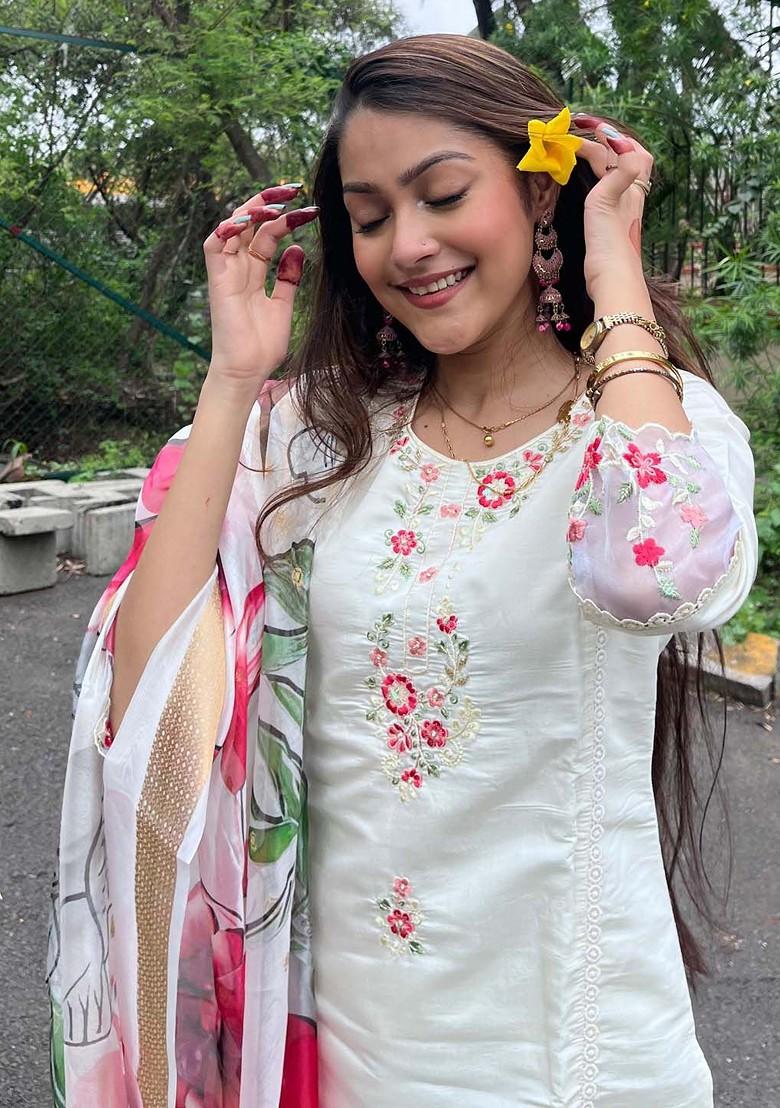 White Floral Embroidered Poly Blend Kurta Set