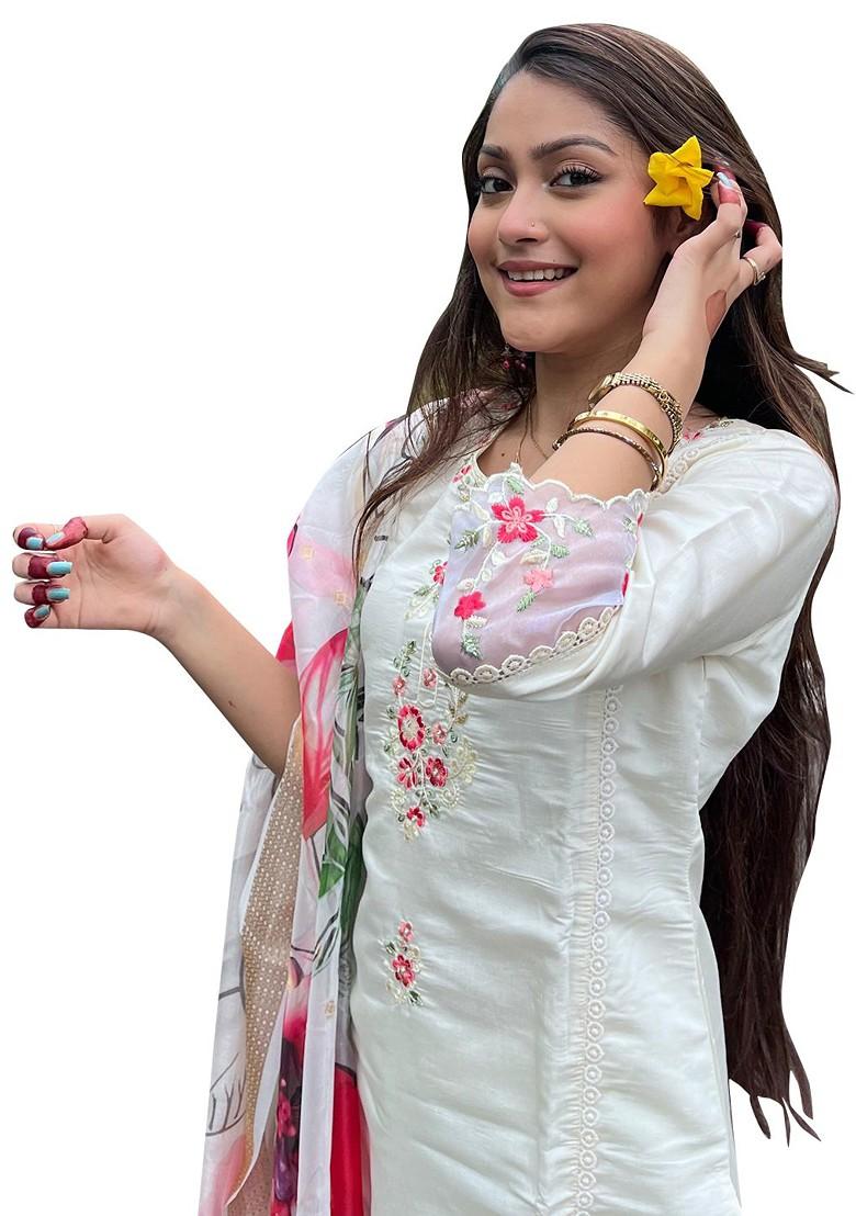 White Floral Embroidered Poly Blend Kurta Set