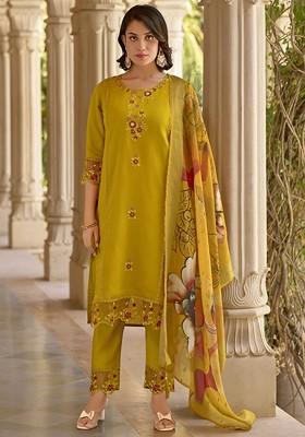 Mustard Embroidered Poly Blend Kurta Set