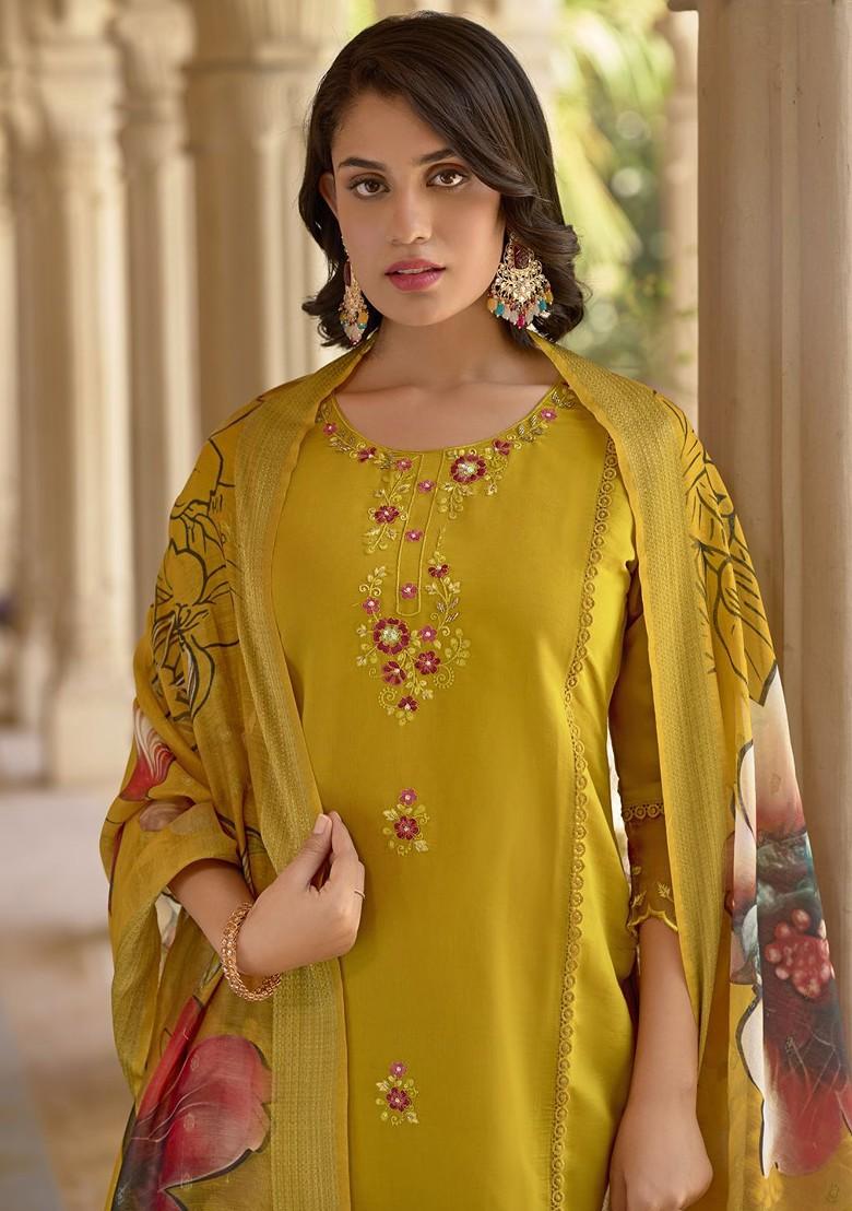 Mustard Embroidered Poly Blend Kurta Set