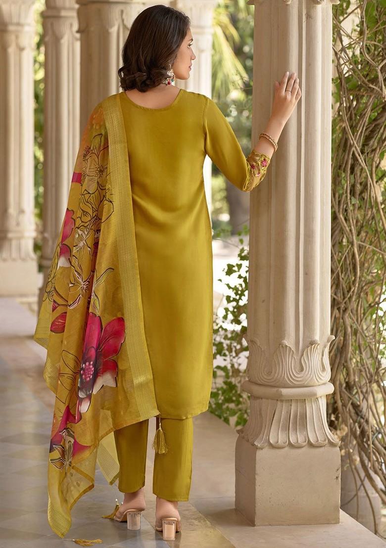 Mustard Embroidered Poly Blend Kurta Set