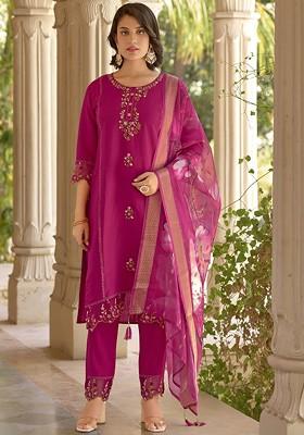 Pink Floral Embroidered Poly Blend Kurta Set