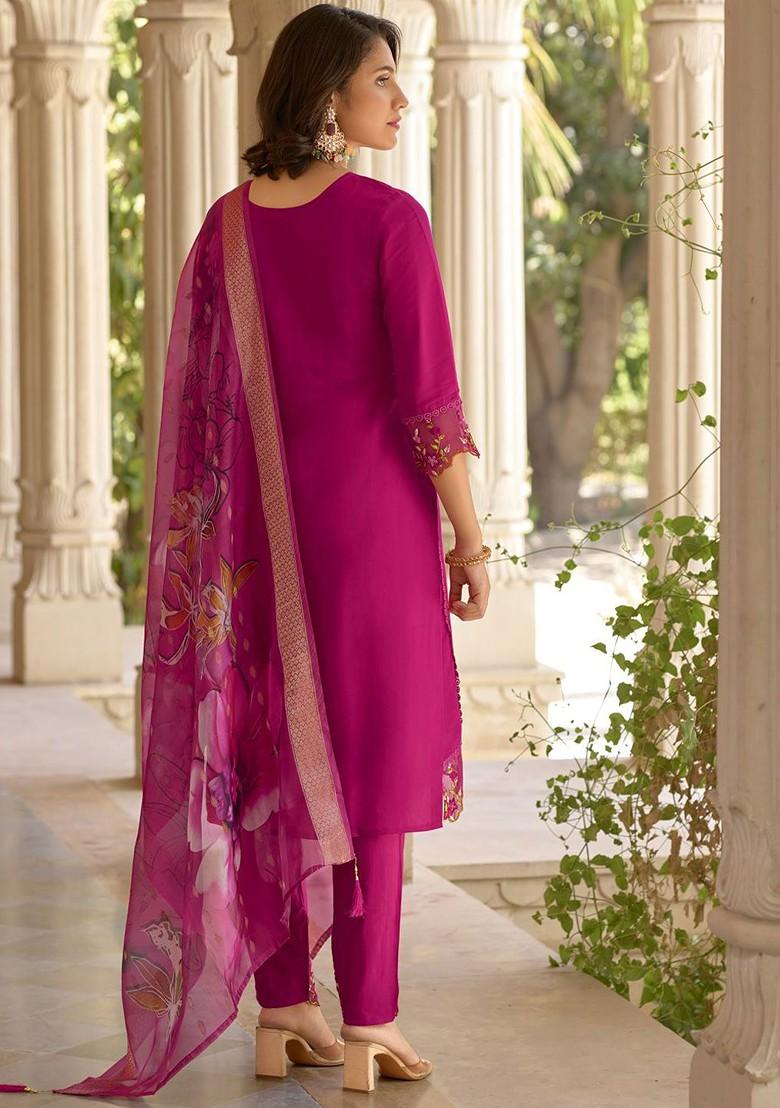 Pink Floral Embroidered Poly Blend Kurta Set