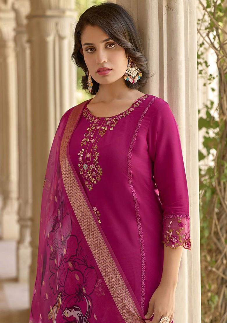 Pink Floral Embroidered Poly Blend Kurta Set