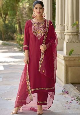 Maroon Printed Poly Blend Kurta Set