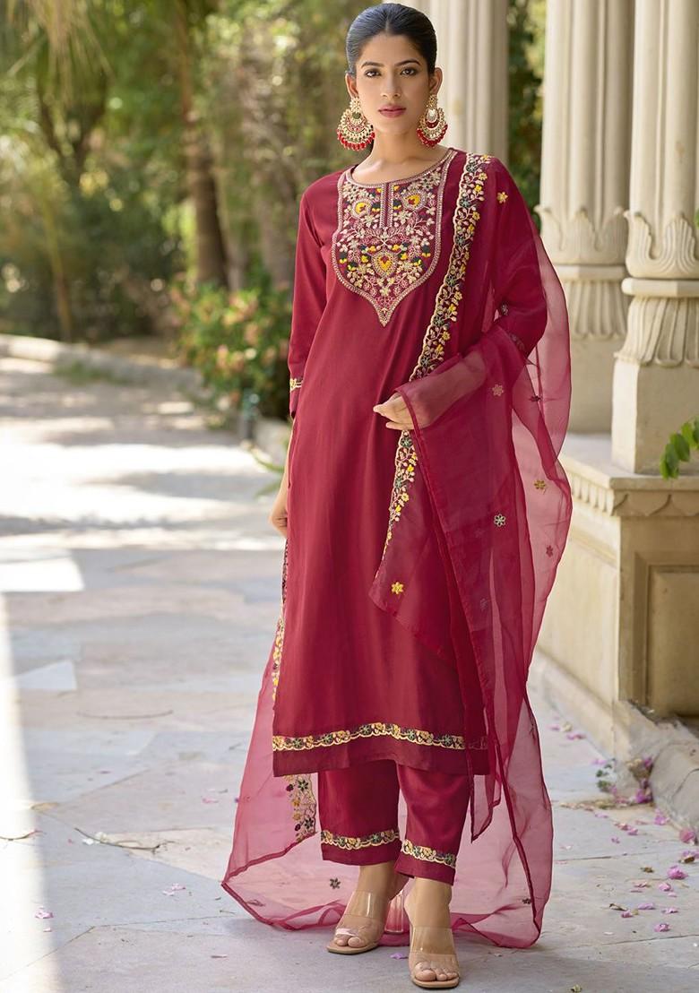 Maroon Printed Poly Blend Kurta Set