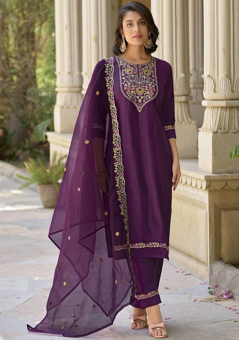 Purple Floral Embroidered Poly Blend Kurta Set