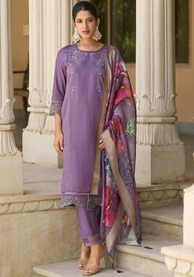 Lavender Floral Embroidered Poly Blend Kurta Set