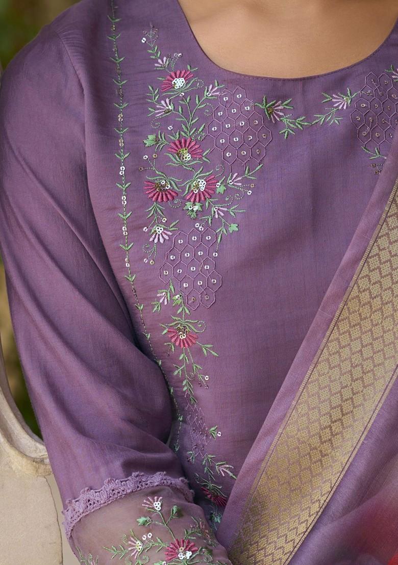 Lavender Floral Embroidered Poly Blend Kurta Set