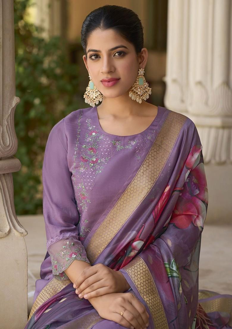 Lavender Floral Embroidered Poly Blend Kurta Set