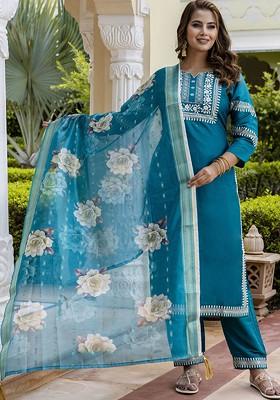 Green Floral Embroidered Poly Blend Kurta Set