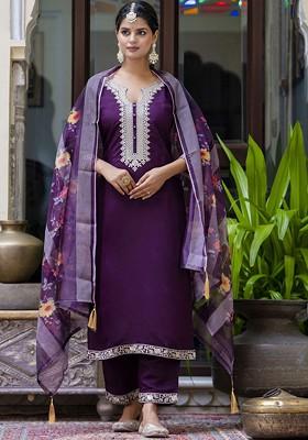 Purple Printed Poly Blend Kurta Set