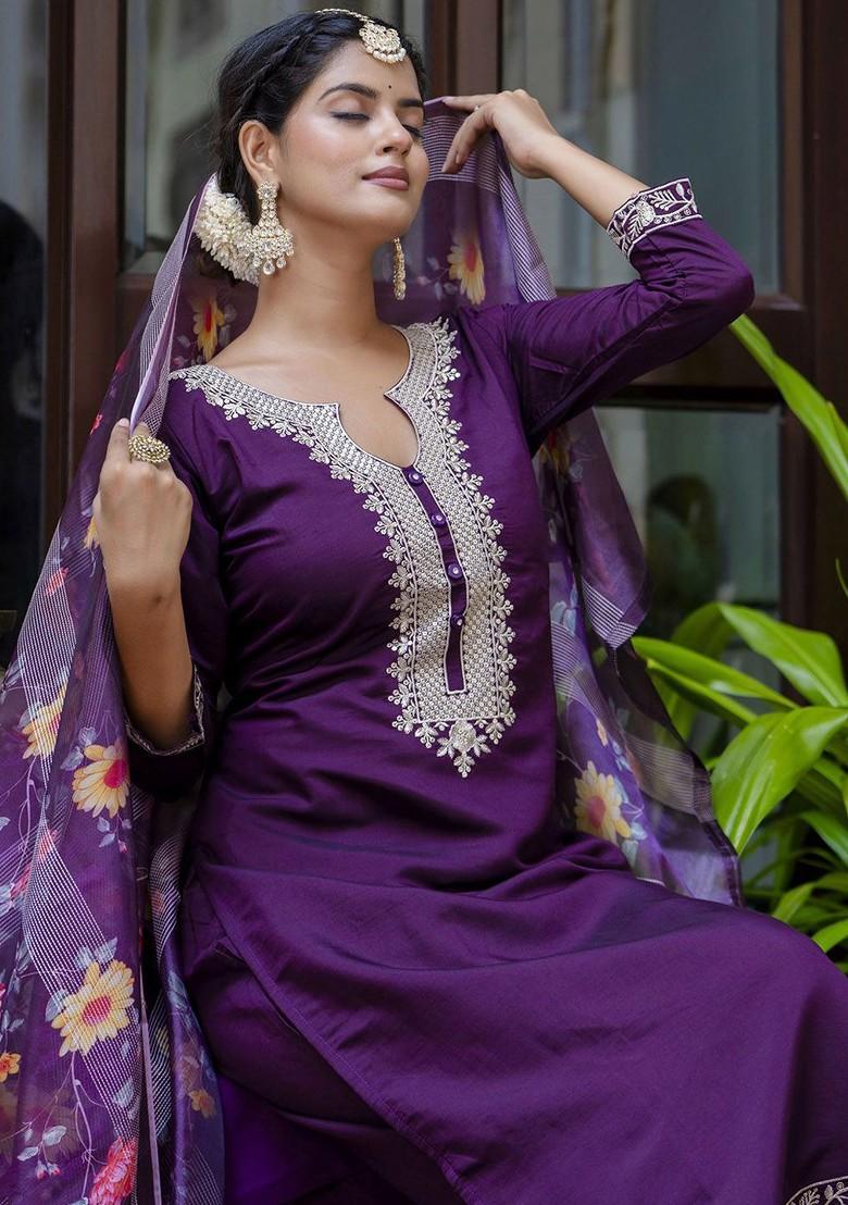 Purple Printed Poly Blend Kurta Set