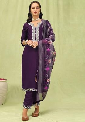 Purple Printed Poly Blend Kurta Set