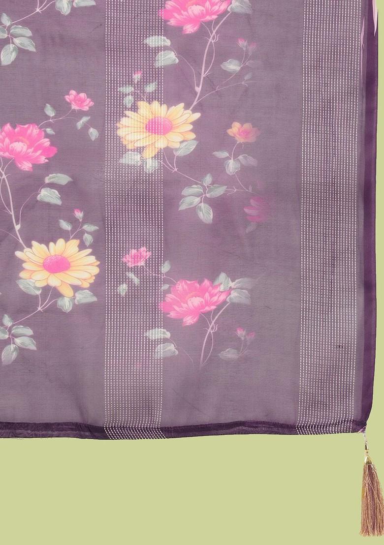 Purple Printed Poly Blend Kurta Set