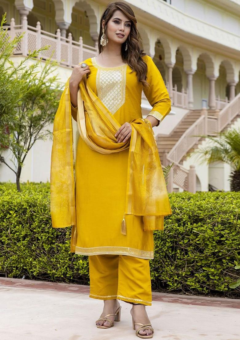 Yellow Floral Embroidered Poly Blend Kurta Set