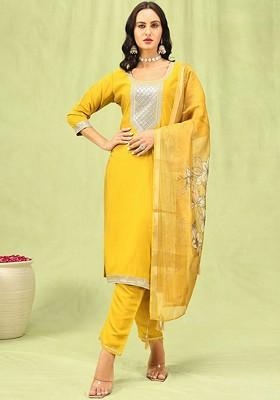 Yellow Sequin Embroidered Poly Blend Kurta Set