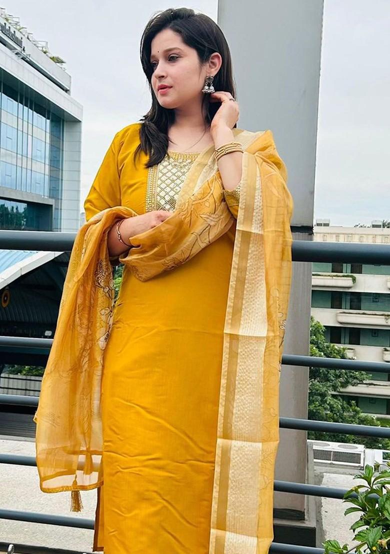 Yellow Zari Embroidered Poly Blend Kurta Set