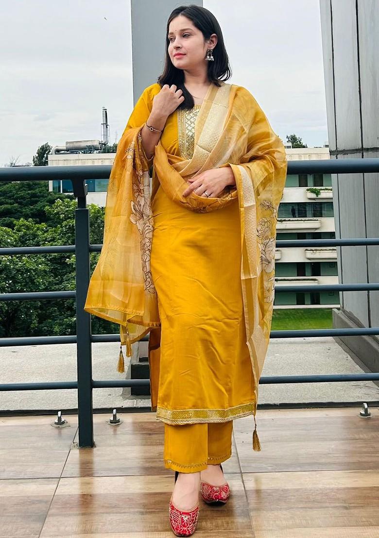 Yellow Zari Embroidered Poly Blend Kurta Set