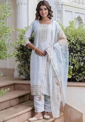 Grey Floral Embroidered Poly Blend Kurta Set