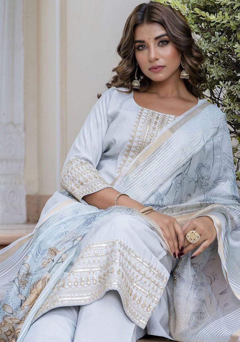 Grey Floral Embroidered Poly Blend Kurta Set