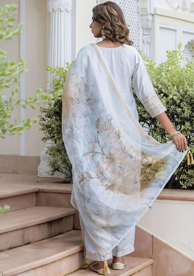 Grey Floral Embroidered Poly Blend Kurta Set