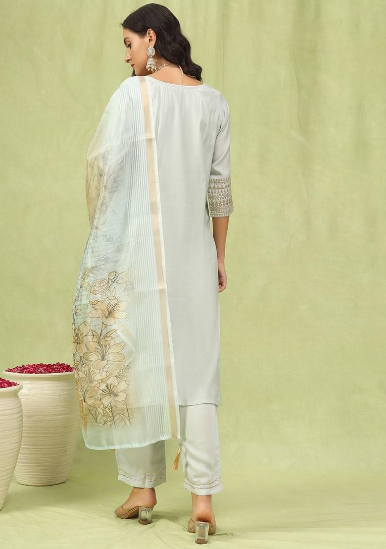 Grey Printed Poly Blend Kurta Set