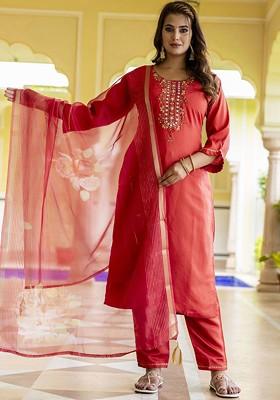 Peach Floral Embroidered Poly Blend Kurta Set