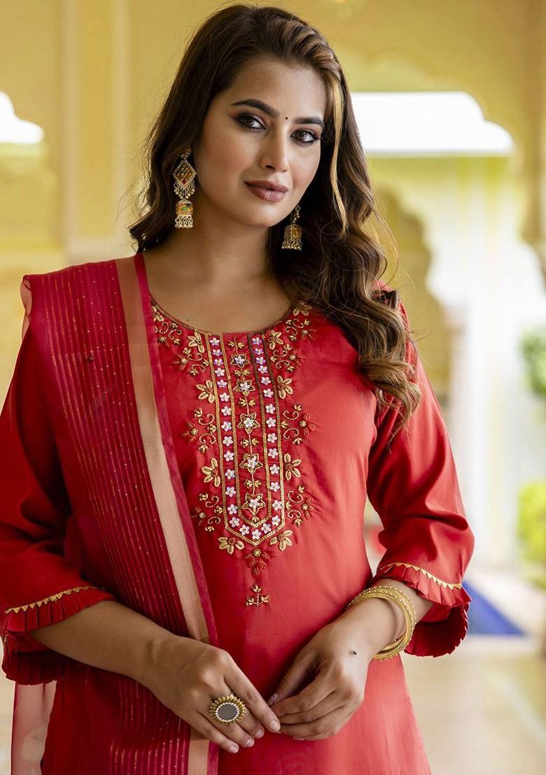 Peach Floral Embroidered Poly Blend Kurta Set