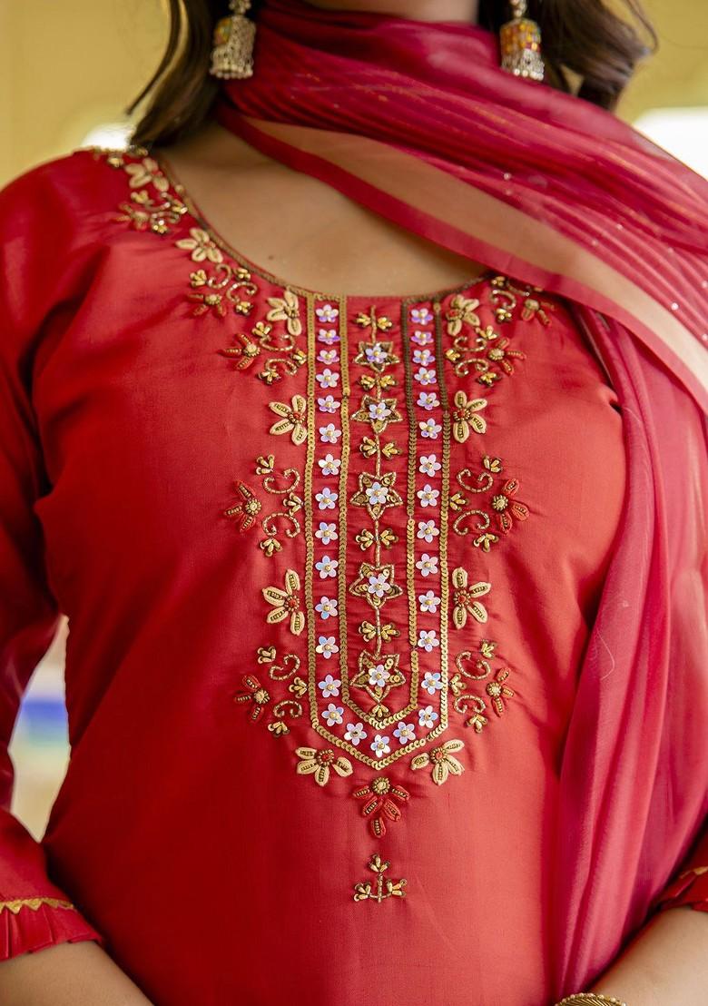 Peach Floral Embroidered Poly Blend Kurta Set