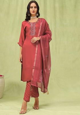 Peach Floral Embroidered Poly Blend Kurta Set
