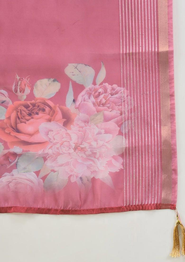 Peach Floral Embroidered Poly Blend Kurta Set