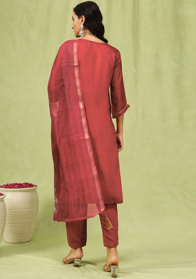 Peach Floral Embroidered Poly Blend Kurta Set