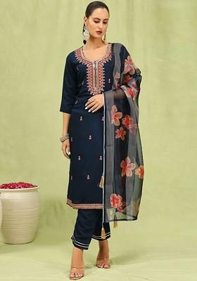 Navy Blue Ethnic Motifs Embroidery Poly Blend Kurta Set