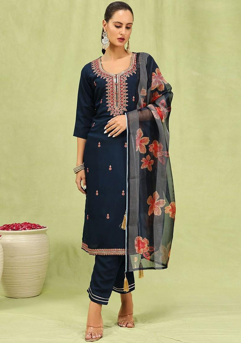 Navy Blue Ethnic Motifs Embroidery Poly Blend Kurta Set