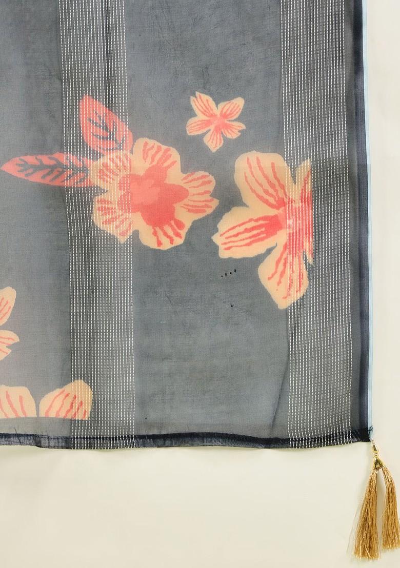 Navy Blue Ethnic Motifs Embroidery Poly Blend Kurta Set