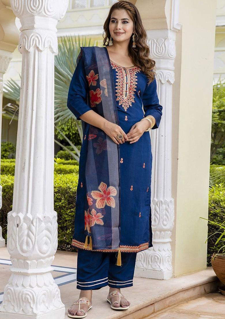 Blue Ethnic Motifs Embroidery Poly Blend Kurta Set